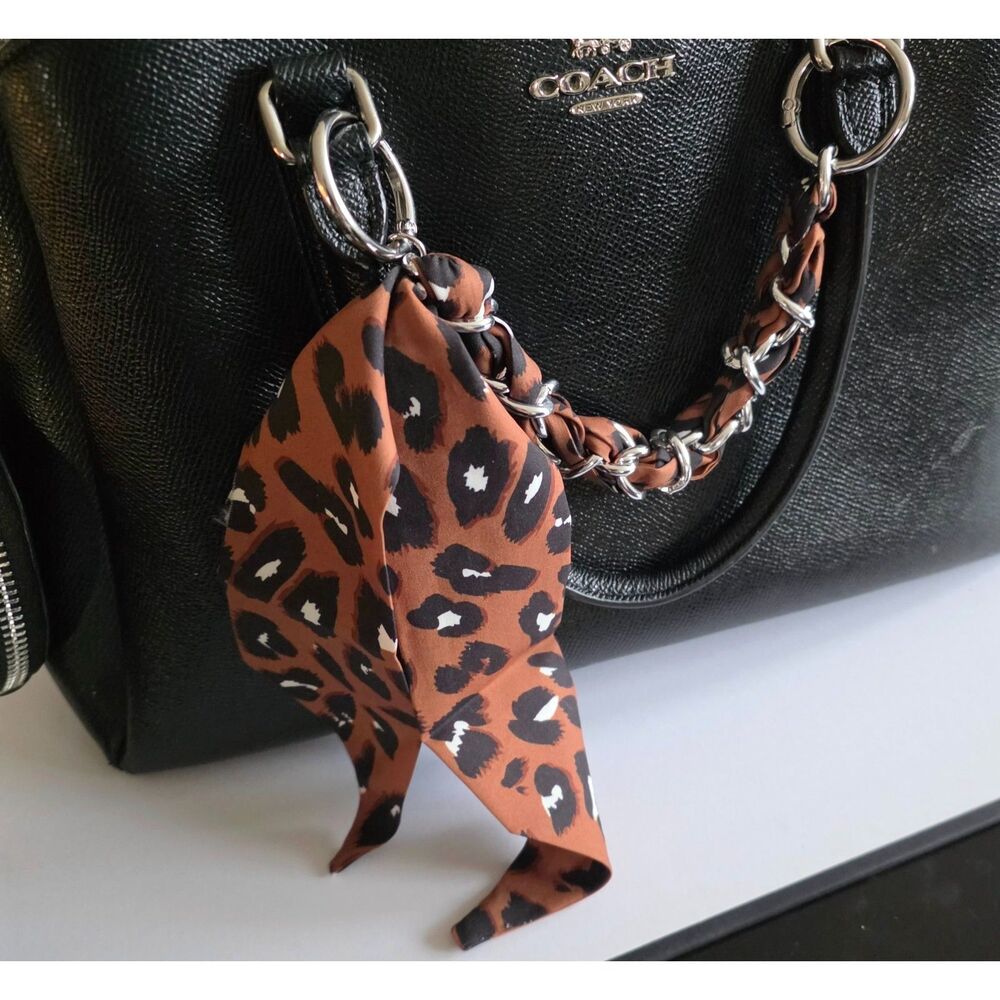 Silver Tone Leopard Print Scarf Chain Purse Strap Handle Short Wristlet Extender